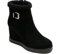 Stivaletti alla caviglia neri con fodera calda, fibbia dorata e tacco a zeppa, look elegante invernale Affronta la stagione fronda allo stile gardant avecs imbottigliamenti noires talon compensé. Leur