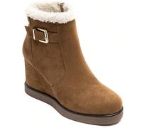 Stivaletti alla caviglia neri con fodera calda, fibbia dorata e tacco a zeppa, look elegante invernale Affronta la stagione fronda allo stile gardant avecs imbottigliamenti noires talon compensé. Leur