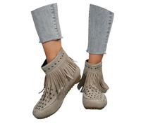 Stivaletti con Frange Stivali da Cowboy Western retrò da Donna Stivaletti in Pelle Scamosciata con Cerniera Ankle Boots alla Moda con Borchie Scarpe Piatti Casual for L'outdoor(Beige,42 EU)