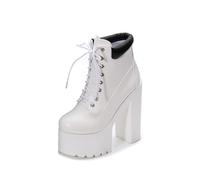 Stivaletti con Plateau da Donna, Stivali da Combattimento alla Moda con Tacco Grosso e Suola Aletta, Stivaletti Stringati con Tacco Alto, Stivaletti Leggeri Autunnali Invernali,Bianca,36 EU