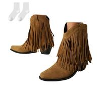 Stivaletti Cowboy Donna con Frange, Stivaletti Western con Zeppa Punta Tonda, Stivaletti Corti Stile Boho, Scarpe Comode Autunno Inverno per Uso Quotidiano Tempo Libero e Viaggio,Marrone,38 EU
