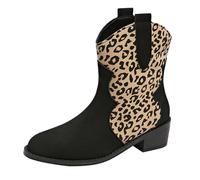 Stivaletti da cowboy da donna, con tacco basso, stile western, stampa leopardata, patchwork, senza lacci, con linguette, scarpe casual per autunno/inverno da indossare tutti i giorni, Nero , 38 EU
