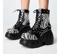 Stivaletti da donna comodi con motivo zebra, punta tonda, design con piattaforma, stile goth punk, suole spesse, con decorazione a fibbia incrociata, borchie e catena, EUR36,EUR37,EUR38,EUR39,EUR40,EU