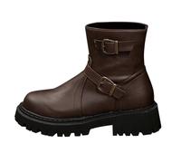 Stivaletti da donna con plateau e tacco basso, fibbia, in finta pelle, con cerniera laterale, Caff, 38 EU