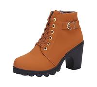 Stivaletti da donna con plateau e tacco medio, eleganti fibbie, con lacci e cerniera laterale, Marrone, 38.5 EU