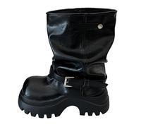 Stivaletti da donna con plateau e tacco medio largo, stile vintage, con fibbia, Nero , 37 EU