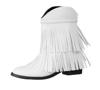 Stivaletti da donna con plateau invernali, medievali, con tacco alla caviglia, impermeabili, retrò, comodi e classici, in pelle, eleganti stivali da donna con frange, bianco, 36 EU