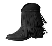Stivaletti da donna con plateau invernali, medievali, con tacco alla caviglia, impermeabili, retrò, comodi e classici, in pelle, eleganti stivali da donna con frange, Nero , 43 EU