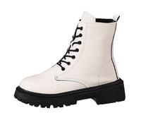 Stivaletti da donna con plateau, tacco a blocco, con lacci, piatti, classici, a mezza altezza, in pelle sintetica, comodi, antiscivolo, corti, da moto, alla moda, con lacci, bianco, 38.5 EU