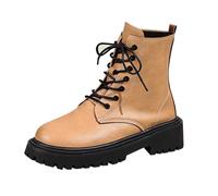 Stivaletti da donna con plateau, tacco a blocco, con lacci, piatti, classici, a mezza altezza, in pelle sintetica, comodi, antiscivolo, corti, da moto, alla moda, con lacci, cachi, 40 EU