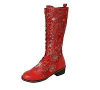 Stivaletti da donna con punta, alla moda e casual, con tacchi spessi e suole spesse, ricamati, per esterni, al ginocchio, stivali western da donna, Colore: rosso, 37 EU