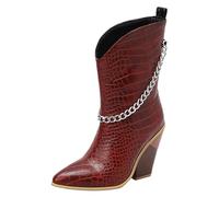 Stivaletti da donna con tacco alto, polpaccio largo, punta a punta, con catena metallica, alla moda, vino, 38 EU