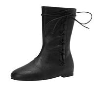 Stivaletti da donna con tacco basso a blocco, stivali medievali con cinturino incrociato, vintage, per cosplay, in ecopelle, scarpe corte con pizzo piatto, stivali da moto alla moda, rinascimentali