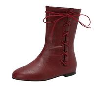 Stivaletti da donna con tacco basso a blocco, stivali medievali con cinturino incrociato, vintage, per cosplay, in ecopelle, scarpe corte con pizzo piatto, stivali da moto alla moda, rinascimentali