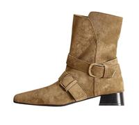 Stivaletti da donna con tacco basso, polpaccio largo, punta snip Toe in pelle scamosciata fibbia Biker Booties, cachi, 38.5 EU