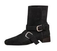 Stivaletti da donna con tacco basso, polpaccio largo, punta snip Toe in pelle scamosciata fibbia Biker Booties, Nero , 37.5 EU