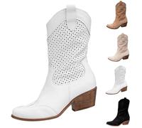 Stivaletti da donna con tacco grosso a blocco, stivali da cowboy occidentali, traspiranti, con scollo a V, stivali autunnali invernali al ginocchio sotto stivaletti da esterno, bianco, 36 2/3 EU