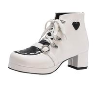Stivaletti da donna con tacco medio, colori a contrasto, fibbie, lacci con motivi a cuore, bianco, 37.5 EU