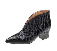 Stivaletti da donna con tacco medio in ecopelle stampa coccodrillo | Deep V Cut Chunky Block Heel Puntata Nero Stivaletti Design classico e semplice Slip On Autunno Casual Scarpe