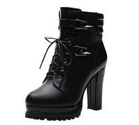 Stivaletti da donna con tacco, stivali stringati, autunno a punta, con tacco alto, tinta unita, suola spessa, antiscivolo, in pelle, per attività all'aperto, con lacci e fibbie, 35-39 EU, Nero , 37 EU