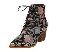 Stivaletti da donna in broccato con lacci floreali e tacco a blocco, scarpe corte casual, Nero , 35.5 EU
