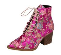 Stivaletti da donna in broccato con lacci floreali e tacco a blocco, scarpe corte casual, Rosa acceso, 37.5 EU