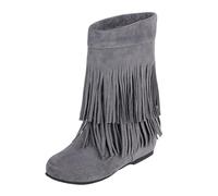 Stivaletti da donna in pelle con tacco basso, stivali con frange, caldi e comodi, scarpe casual alla moda, stivali da donna, in pelle alta, vintage, scarpe di grandi dimensioni, grigio, 37 EU