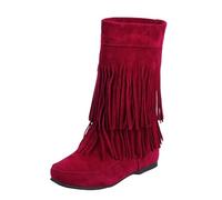 Stivaletti da donna in pelle con tacco basso, stivali con frange, caldi e comodi, scarpe casual alla moda, stivali da donna, in pelle alta, vintage, scarpe di grandi dimensioni, rosso, 45 EU