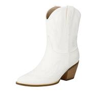 Stivaletti da donna in pelle, con tacco da cowboy, da donna, con gambo largo, con ricamo vintage, in pelle PU, a mezza altezza, antiscivolo, da equitazione, bianco, 36 EU