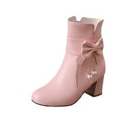 Stivaletti da donna in pelle, con tacco grosso e chiusura lampo, con fiocco, Lolita Kawaii, da donna, a gambo corto, in pelle, autunno e inverno, Colore: rosa., 42 EU