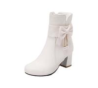 Stivaletti da donna in pelle, con tacco grosso e chiusura lampo, con fiocco, Lolita Kawaii, da donna, a gambo corto, in pelle, autunno e inverno, bianco, 43 EU