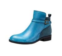 Stivaletti da donna, in pelle nera, dettagli con fibbia dorata, tacco basso a blocco, scarpe piatte in tinta unita, Blu, 39.5 EU