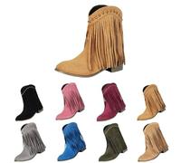 Stivaletti da donna in pelle scamosciata con frange, stivali da donna con tacco grosso e punta rotonda, stivali retrò con nappa, stivaletti da cowboy occidentali, con scollo a V, stivaletti a metà
