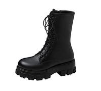 Stivaletti da donna in poliuretano, alla moda, con tacco grosso, da motociclista, punta rotonda, con lacci e cerniera, alla moda, comodi da indossare, da combattimento, camminata, Nero , 37 1/3 EU