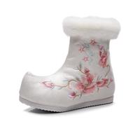 Stivaletti da Donna in Stile Cinese con Ricami Floreali Stivali da Neve Invernali Caldi E Foderati in Peluche Shoes da Danza in Stile Etnico Scarpe Hanfu Casual con Zeppa Nascosta(White,35 EU)