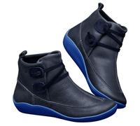 Stivaletti da donna vintage con supporto per l'arco del piede - Scarpe alla caviglia in pelle PU, stivali con lacci piatti, antiscivolo, tacco basso, stivali invernali comodi e morbidi, Blu 29, 35