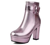 Stivaletti Donna con Plateau, Tacco Largo Alto con Cinturino con Fibbia, Punta Arrotondata, Zip Laterale, Modello Corto, Multicolore & Taglie Grandi, Ideali per Ufficio & Sera,Rosa,42 EU