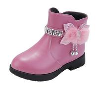 Stivaletti in pelle per bambine e bimbe con tacco a blocco, cerniera, grazioso fiocchetto, foderati in caldo pile, scarpe invernali accoglienti, stivaletti corti per bambini, calzature casual comode