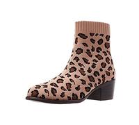 Stivaletti Invernali da Donna Stivaletti in Maglia Stretch con Tacco Largo Stivaletti Leopardati Eleganti Pull-On Stivali da Equitazione Antiscivolo Scarpe da Festa da Donna,Marrone,37
