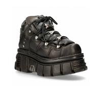 New Rock M.106-C45 Stivaletti Unisex in Pelle Nera METALLIC, Tacco 8 cm, Zeppa 6 cm, Stile Gotico Punk Rock con Lacci e Dettagli Metallici, Suola PU Ultra Resistente 37