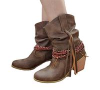 Stivaletti Primaverili Da Donna Con Frange, Booties Da Combattimento Con Tacco Largo,Stivali In Pelle PU,Boots Classici Slip-on,Stivaletti Da Donna for Il Tempo Libero ( Color : Khaki , Size : 38 EU )