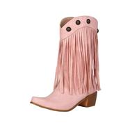 Stivaletti Vintage Con Frange Stivali Da Cowboy Western Da Donna Stivaletti Con Punta Quadrata E Tacco A Blocco Scarpe Slip-on A Gamba Larga Con Rivetto Boots In Pelle PU Taglie Forti(Pink,39 EU)