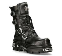 Stivali a Metà Polpaccio New Rock 373-S4 in Pelle Nera Metallizzata con Chiusura con Lacci e Fibbia Stile Gotico Punk 6.5