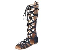 Stivali al Ginocchio Romani Gladiatori Stivali Basse con Fascia Incrociata Cut-out Vintage Stile Medievale Sandali Punta Aperta Nero Marrone