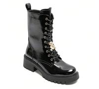 Stivali alla caviglia da motociclista da donna con decorazione di orsetto di strass, suola dentellata - disponibile in nero e beige Découvrez bottines montantes pour femme au caractère Affermation, id