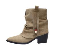 Stivali alla moda oversize per il commercio internazionale, stivali alla moda con tacco spesso, stivali retrò a soffietto in pizzo snellente, cachi, 42 EU