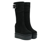 Stivali Alti al Ginocchio con Zeppa in Pelle Scamosciata Elasticizzata da Donna, Stivali a metà Polpaccio con Plateau rialzato, Stivali da Cowboy Western, Stivali Autunnali Invernali,Nero,36 EU