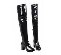 Stivali Alti al Ginocchio da Donna 7CM Tacco Medio Tacco Grosso Punta A Punta Cerniera Laterale in Vernice Stivali sopra Il Ginocchio Stivali da Pole Dance,Nero,36 EU