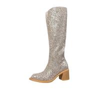 Stivali alti al ginocchio da donna alla moda del Regno Unito Gilitter lucido a punta tacco a blocco stivali da donna pull on bling paillettes matrimonio festa vestire stivali inverno autunno scarpe