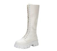 Stivali alti al ginocchio da donna, con plateau e gambo lungo, con lacci, comodi ed eleganti, per autunno, con cerniera, stivali invernali in pelle PU, traspiranti, stivali sopra il ginocchio, bianco